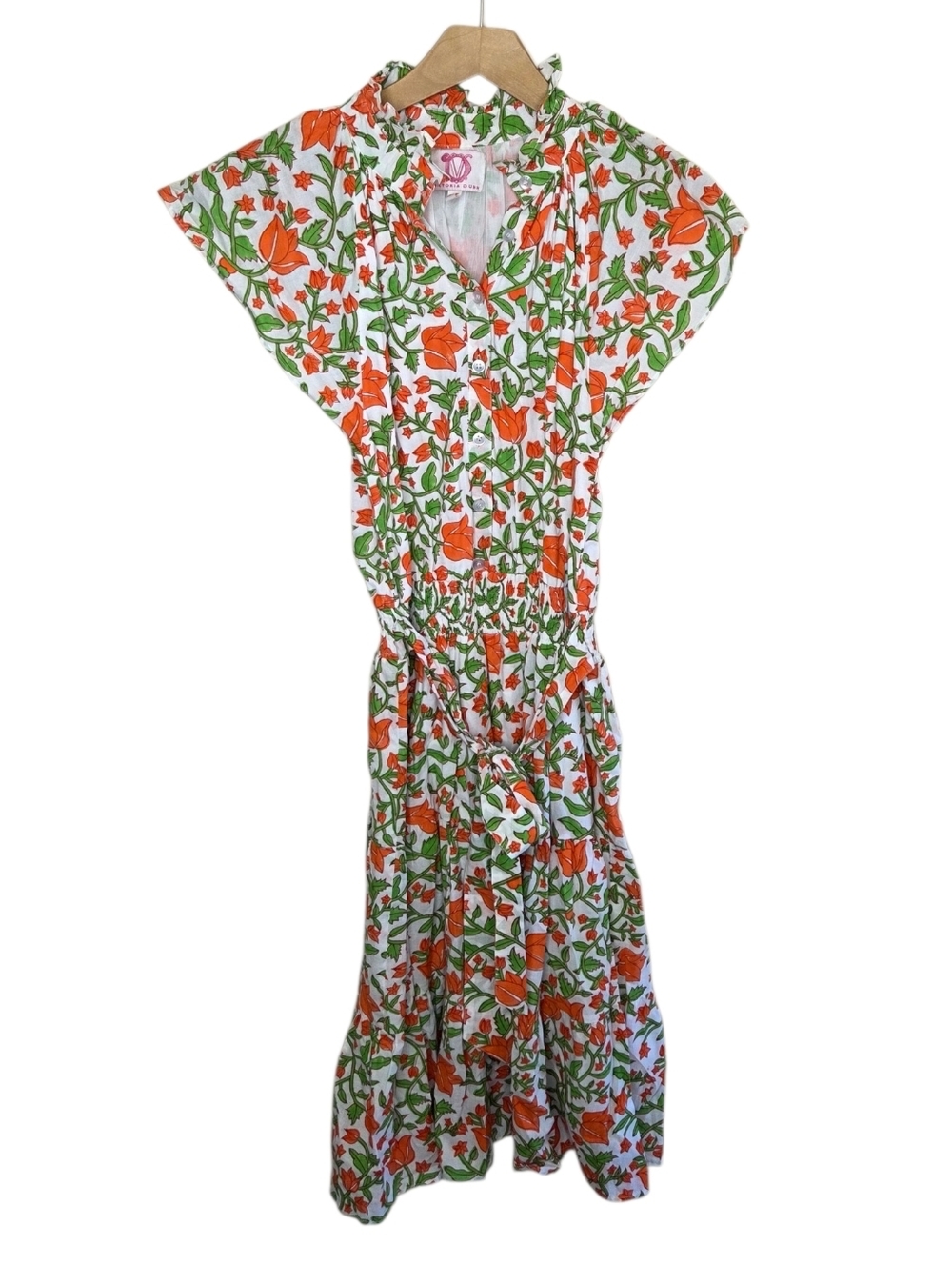 Victoria Dunn Orange Green Floral Midi Dress Size XS Boho Cottagecore